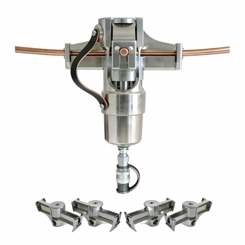 Front view of contact wire straightener with copper wire and extra clamp parts