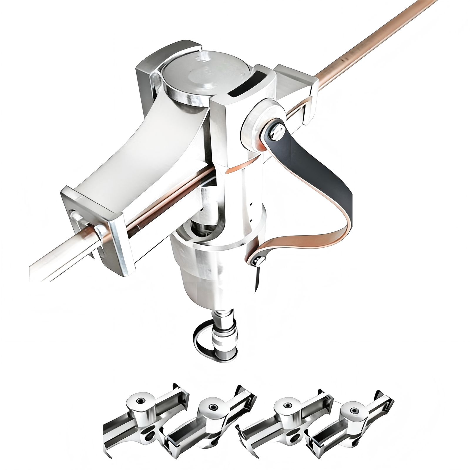 Angled detail view of the contact wire straightener on copper wire.