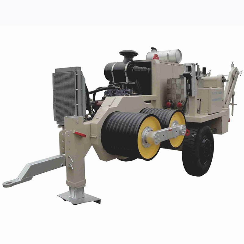 Front view of cable puller tensioner trailer with bullwheel system