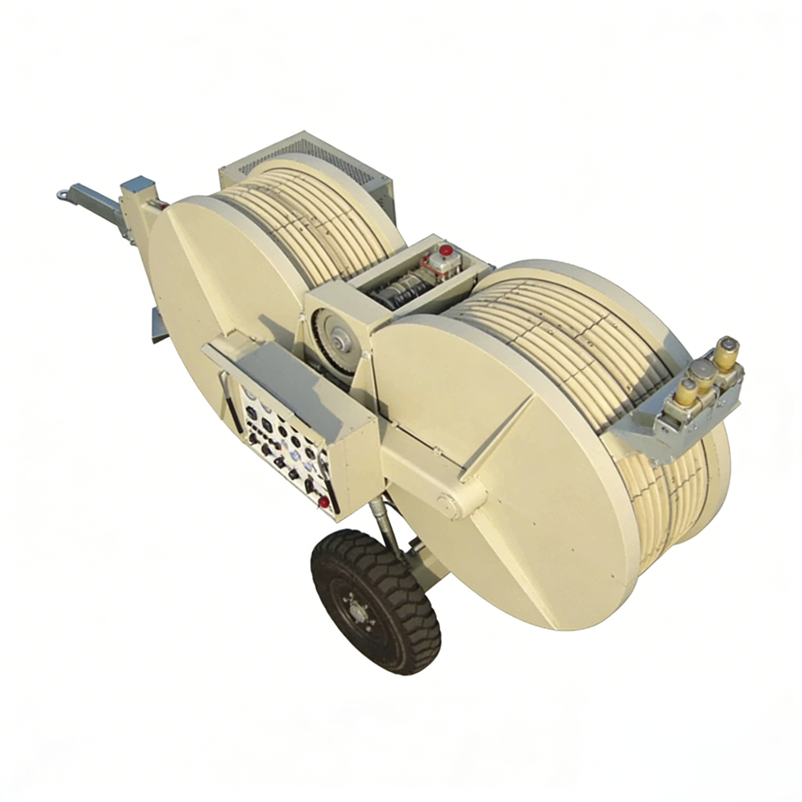 Transmission Line Tensioner top angle view with dual reel trailer layout