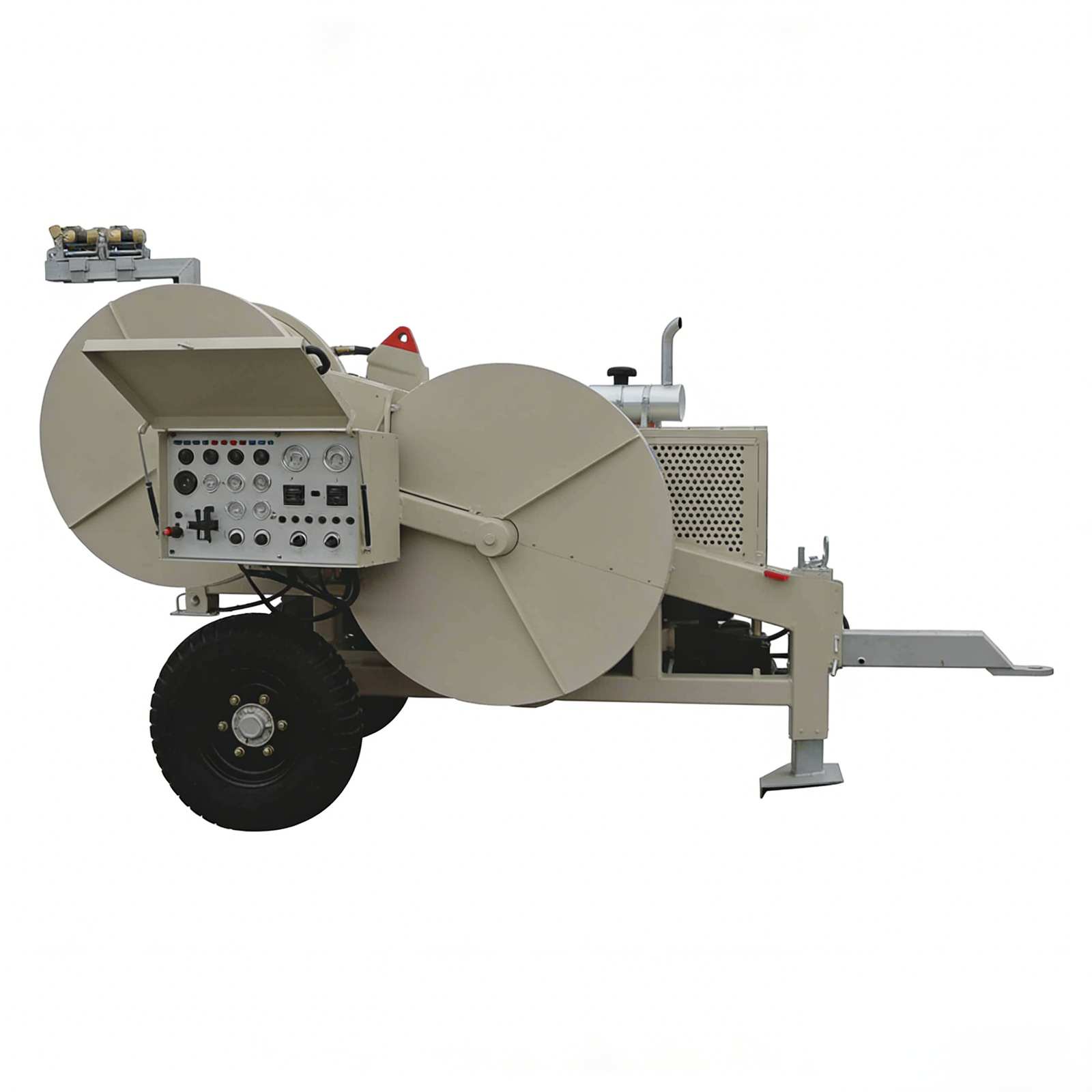 Wire Tensioner side view with operator panel, support leg, and trailer chassis