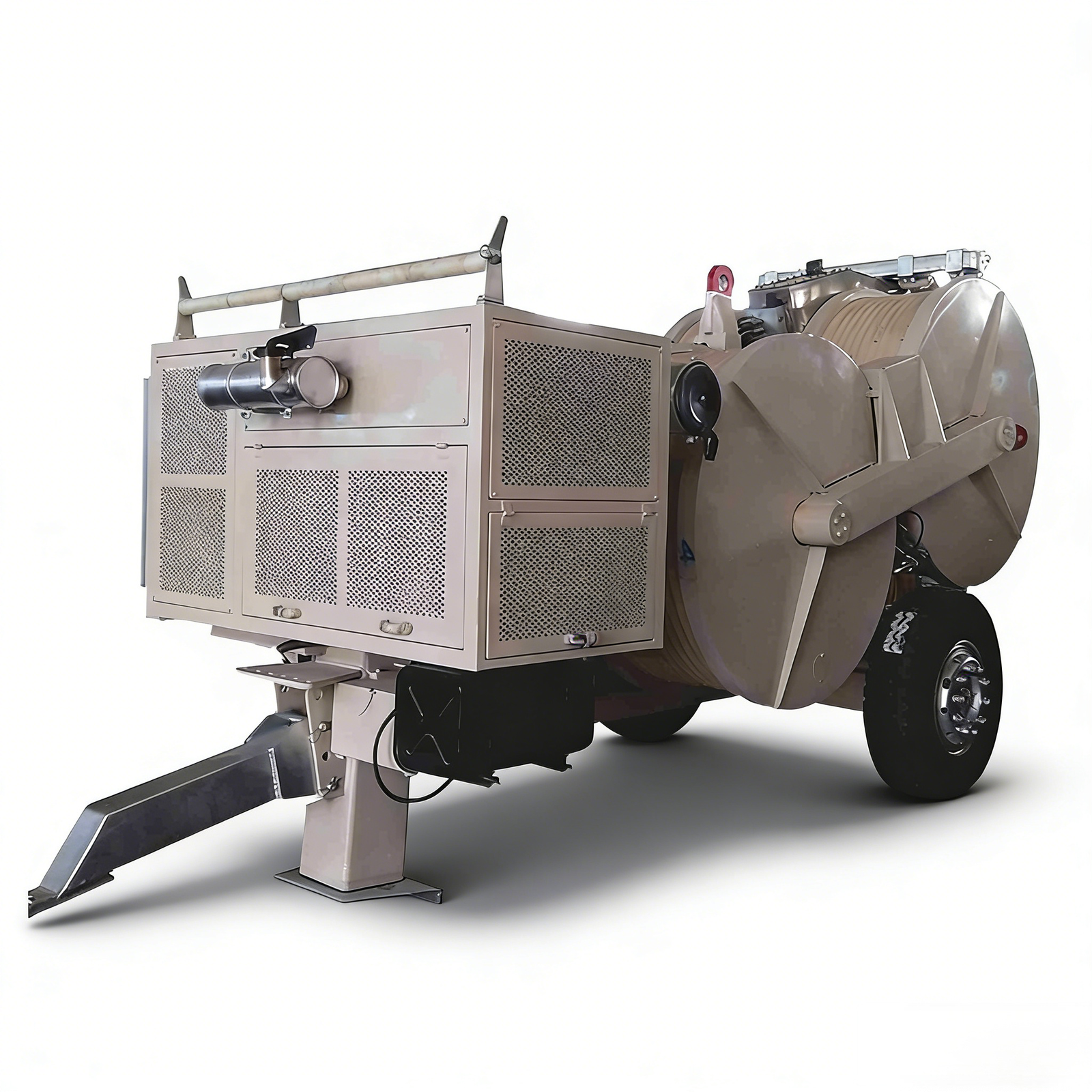 Close-up side view of the tensioner machine with clear detail of the support leg, towing arm, and enclosed equipment body.