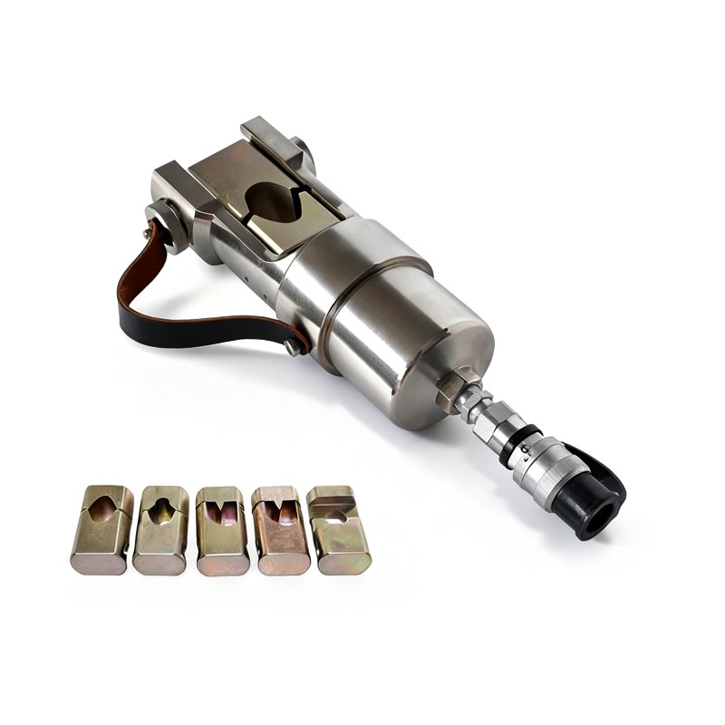 electric connection crimping head with interchangeable dies on white background