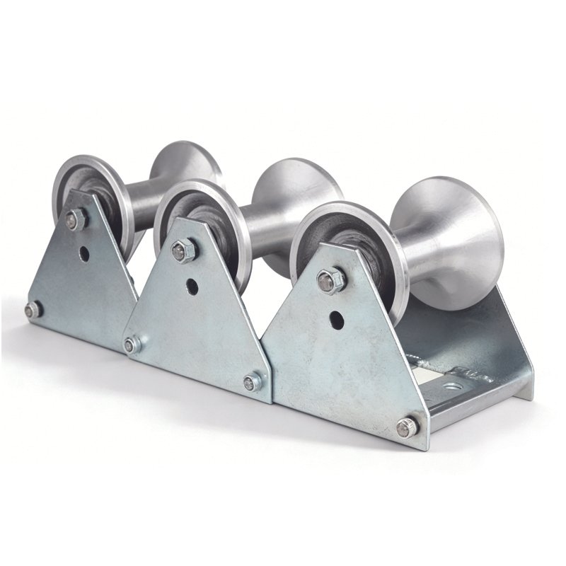 Cable laying roller with three wheels for smooth ground cable pulling, rear view